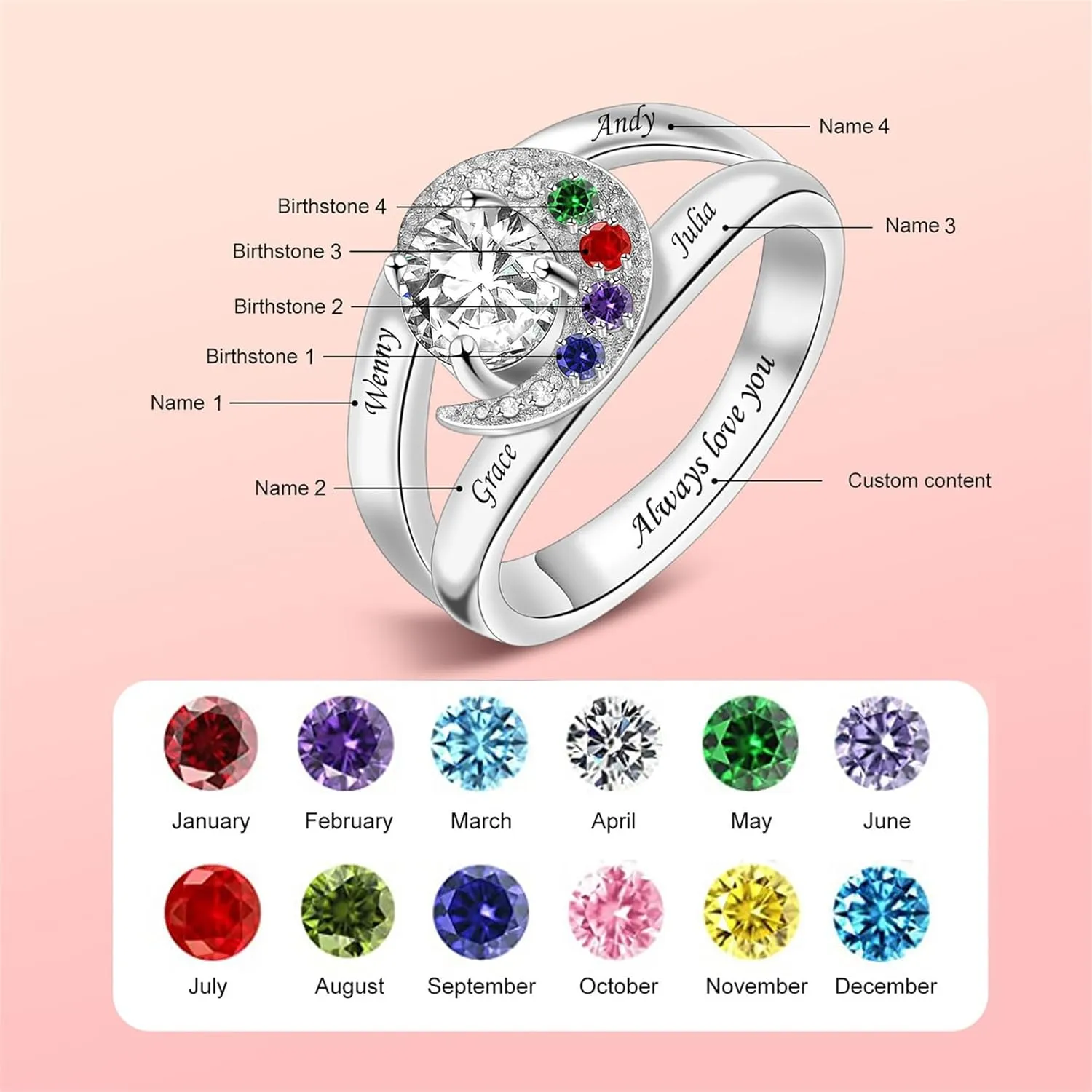 Sterling Silver Ring Personalized Mother Ring Birthstone Ring for Women with Name Customized 925 Silver Rings Mother's Day Gift for Mom