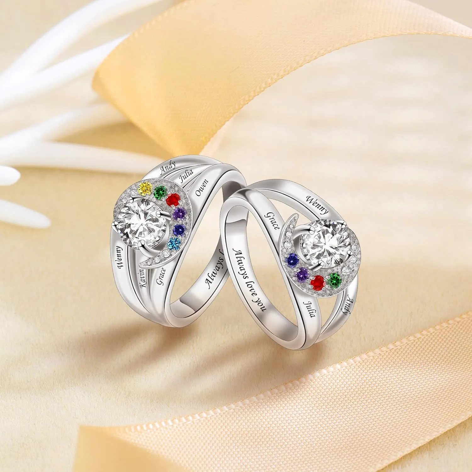 Sterling Silver Ring Personalized Mother Ring Birthstone Ring for Women with Name Customized 925 Silver Rings Mother's Day Gift for Mom