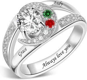 Sterling Silver Ring Personalized Mother Ring Birthstone Ring for Women with Name Customized 925 Silver Rings Mother's Day Gift for Mom