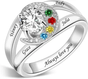 Sterling Silver Ring Personalized Mother Ring Birthstone Ring for Women with Name Customized 925 Silver Rings Mother's Day Gift for Mom
