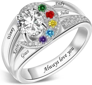 Sterling Silver Ring Personalized Mother Ring Birthstone Ring for Women with Name Customized 925 Silver Rings Mother's Day Gift for Mom