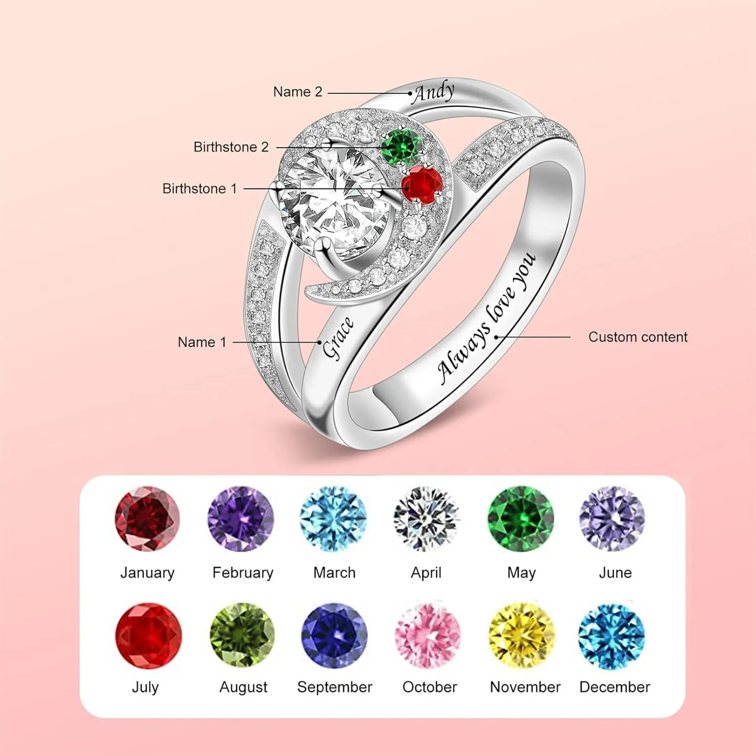 Sterling Silver Ring Personalized Mother Ring Birthstone Ring for Women with Name Customized 925 Silver Rings Mother's Day Gift for Mom