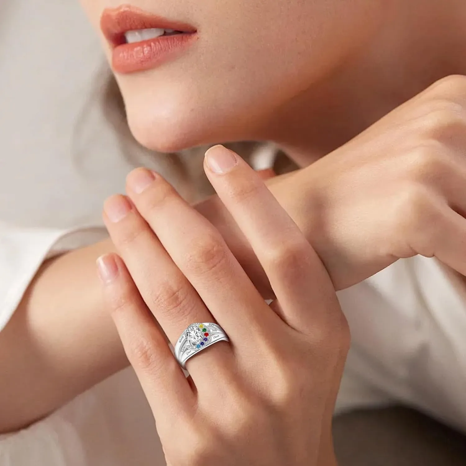 Sterling Silver Ring Personalized Mother Ring Birthstone Ring for Women with Name Customized 925 Silver Rings Mother's Day Gift for Mom