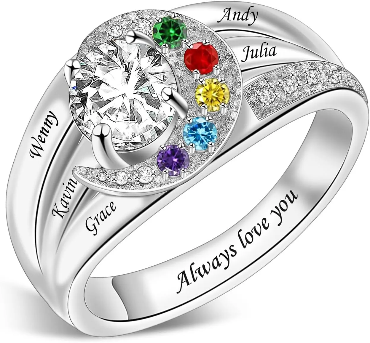 Sterling Silver Ring Personalized Mother Ring Birthstone Ring for Women with Name Customized 925 Silver Rings Mother's Day Gift for Mom