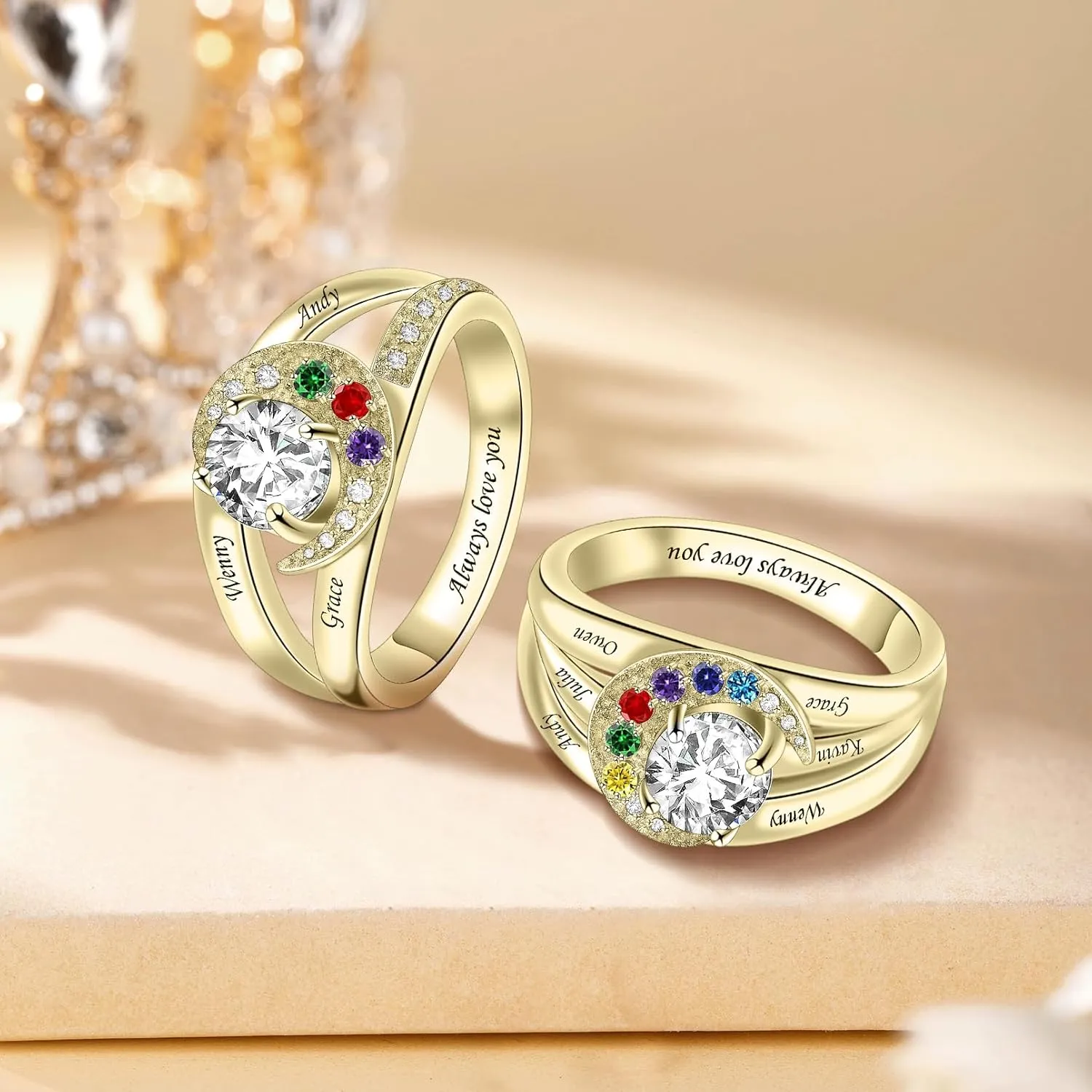 Sterling Silver Ring Personalized Mother Ring Birthstone Ring for Women with Name Customized 925 Silver Rings Mother's Day Gift for Mom