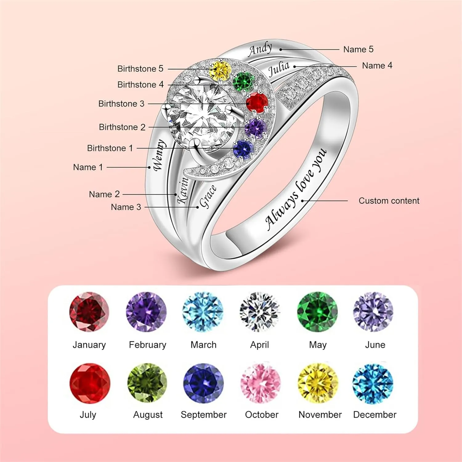 Sterling Silver Ring Personalized Mother Ring Birthstone Ring for Women with Name Customized 925 Silver Rings Mother's Day Gift for Mom
