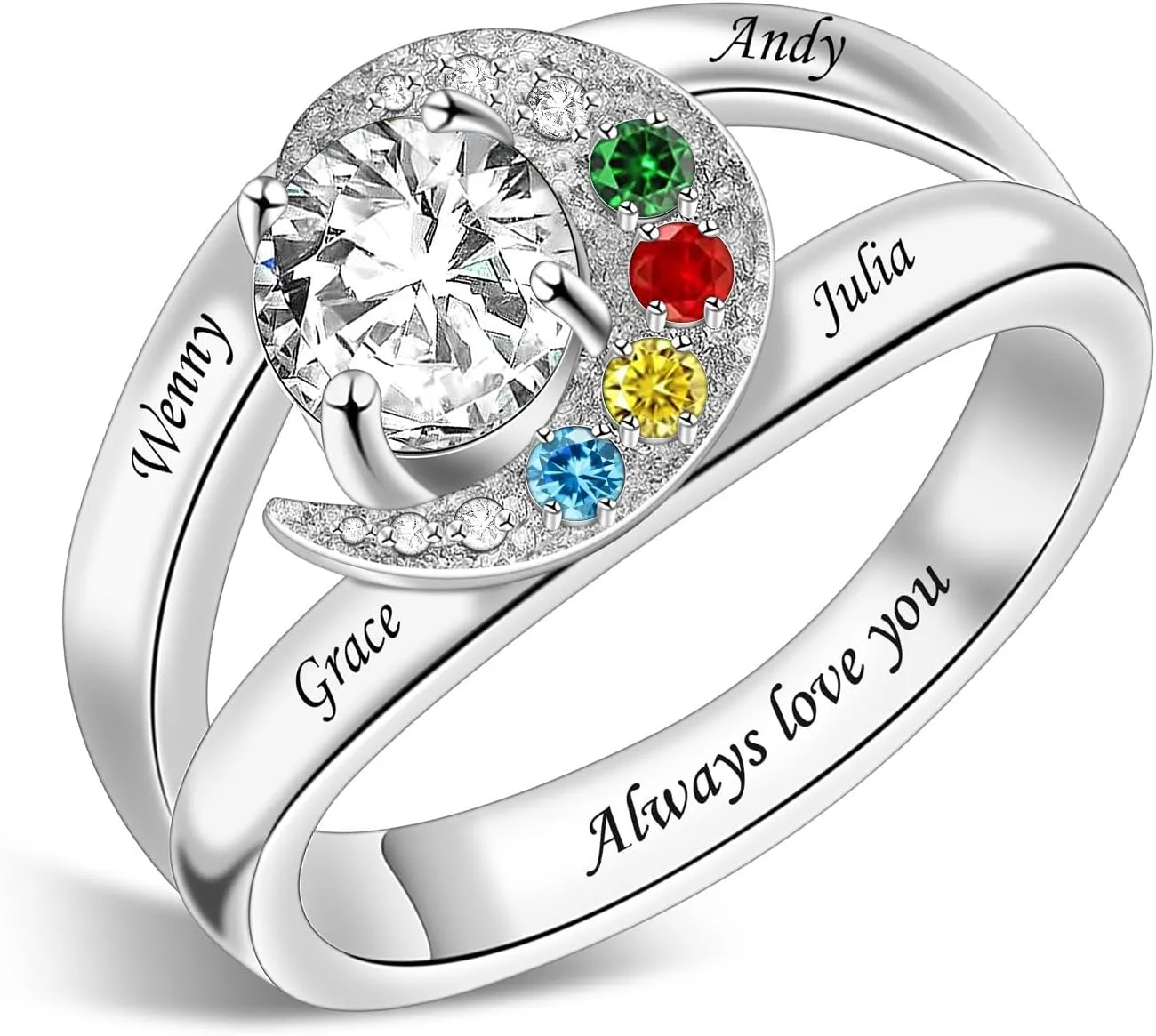 Sterling Silver Ring Personalized Mother Ring Birthstone Ring for Women with Name Customized 925 Silver Rings Mother's Day Gift for Mom