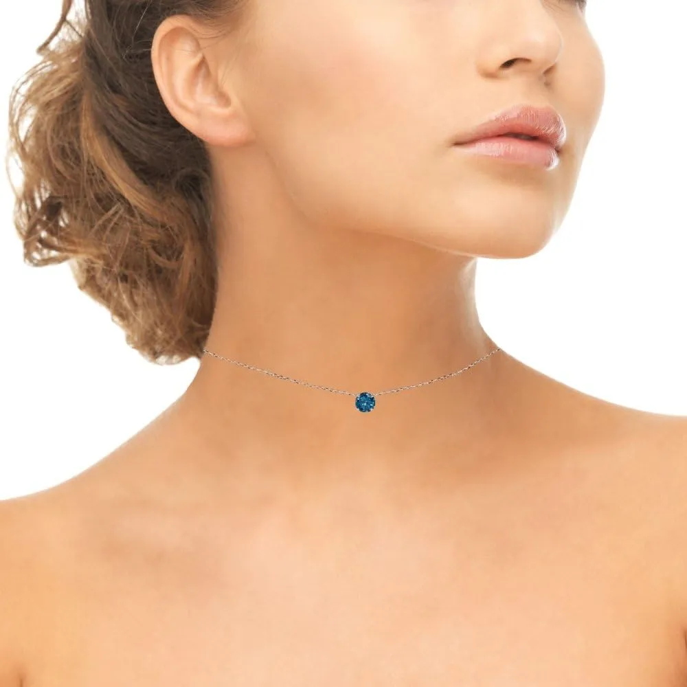 Sterling Silver Solitaire Choker Necklace Made with AAA Cubic Zirconia