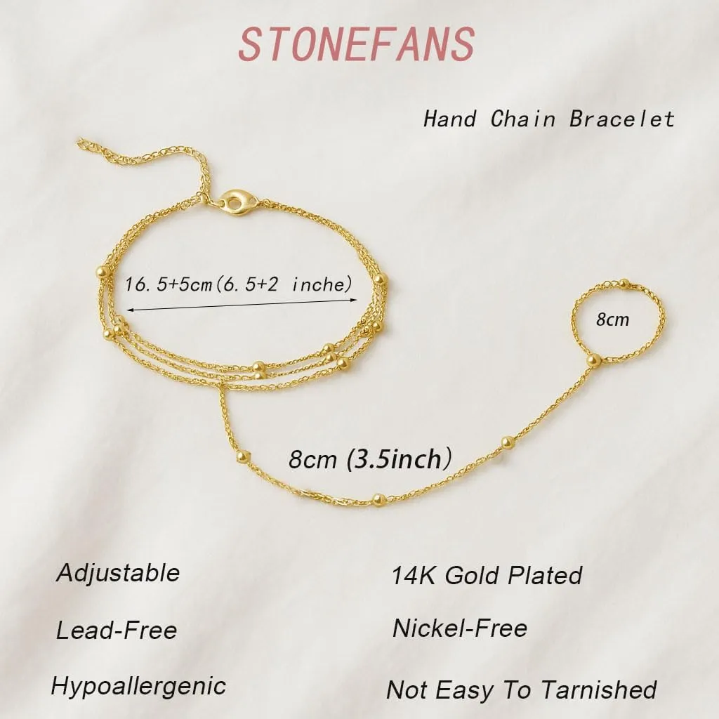 STONEFANS Hand Chain, Dainty Gold Bracelets for Women 14K Gold Plated Cubic Zirconia Finger Bracelet Adjustable Ring Bracelet Hand Chain Trendy Jewelry Accessories for Women Gifts