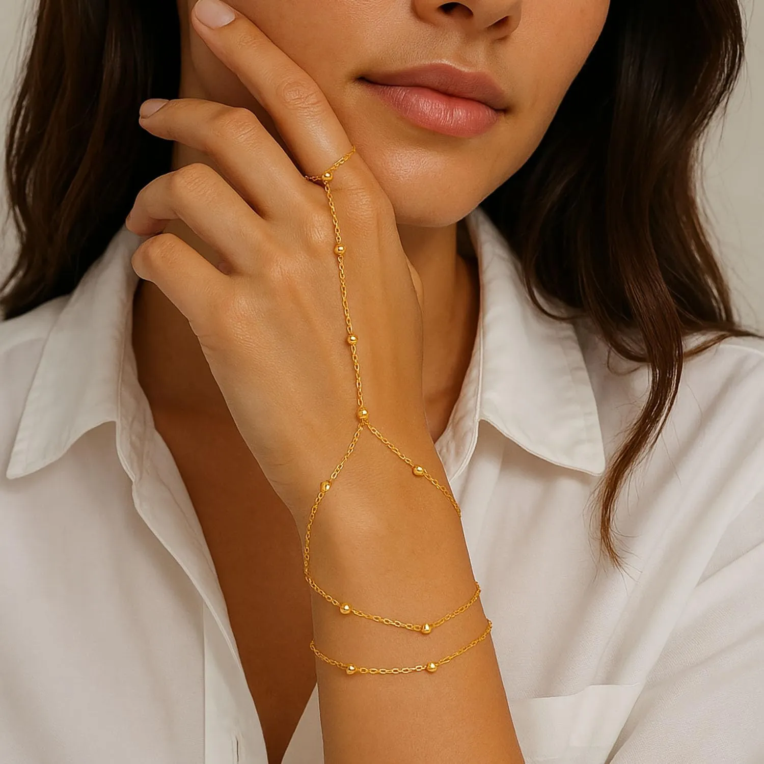 STONEFANS Hand Chain, Dainty Gold Bracelets for Women 14K Gold Plated Cubic Zirconia Finger Bracelet Adjustable Ring Bracelet Hand Chain Trendy Jewelry Accessories for Women Gifts
