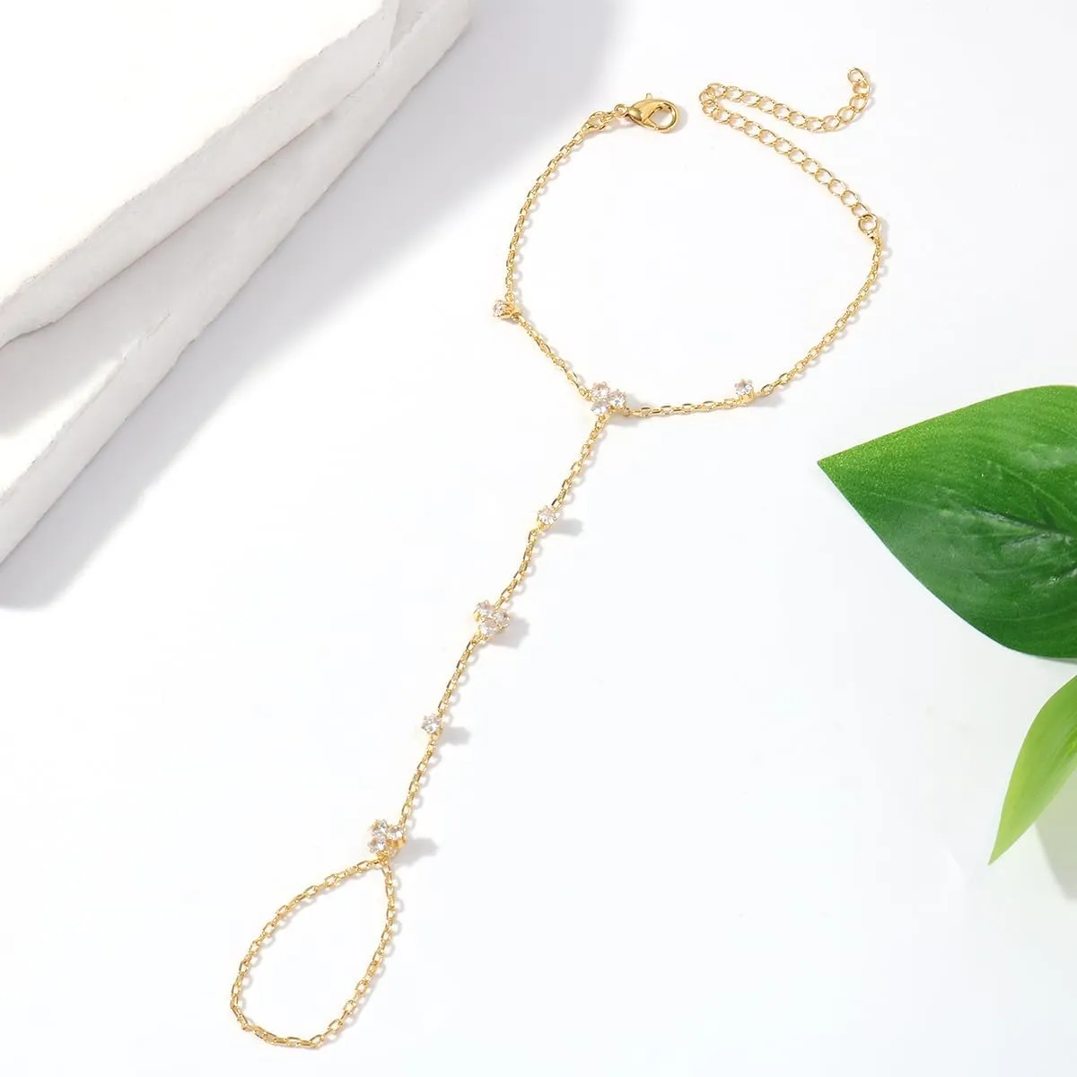 STONEFANS Hand Chain, Dainty Gold Bracelets for Women 14K Gold Plated Cubic Zirconia Finger Bracelet Adjustable Ring Bracelet Hand Chain Trendy Jewelry Accessories for Women Gifts