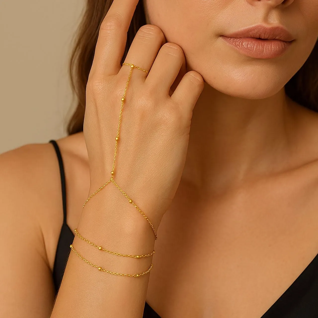 STONEFANS Hand Chain, Dainty Gold Bracelets for Women 14K Gold Plated Cubic Zirconia Finger Bracelet Adjustable Ring Bracelet Hand Chain Trendy Jewelry Accessories for Women Gifts