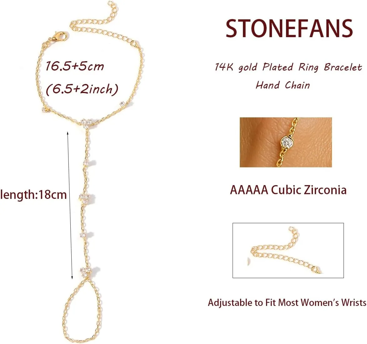 STONEFANS Hand Chain, Dainty Gold Bracelets for Women 14K Gold Plated Cubic Zirconia Finger Bracelet Adjustable Ring Bracelet Hand Chain Trendy Jewelry Accessories for Women Gifts