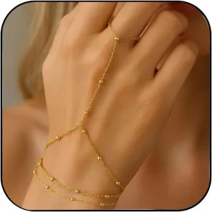 STONEFANS Hand Chain, Dainty Gold Bracelets for Women 14K Gold Plated Cubic Zirconia Finger Bracelet Adjustable Ring Bracelet Hand Chain Trendy Jewelry Accessories for Women Gifts