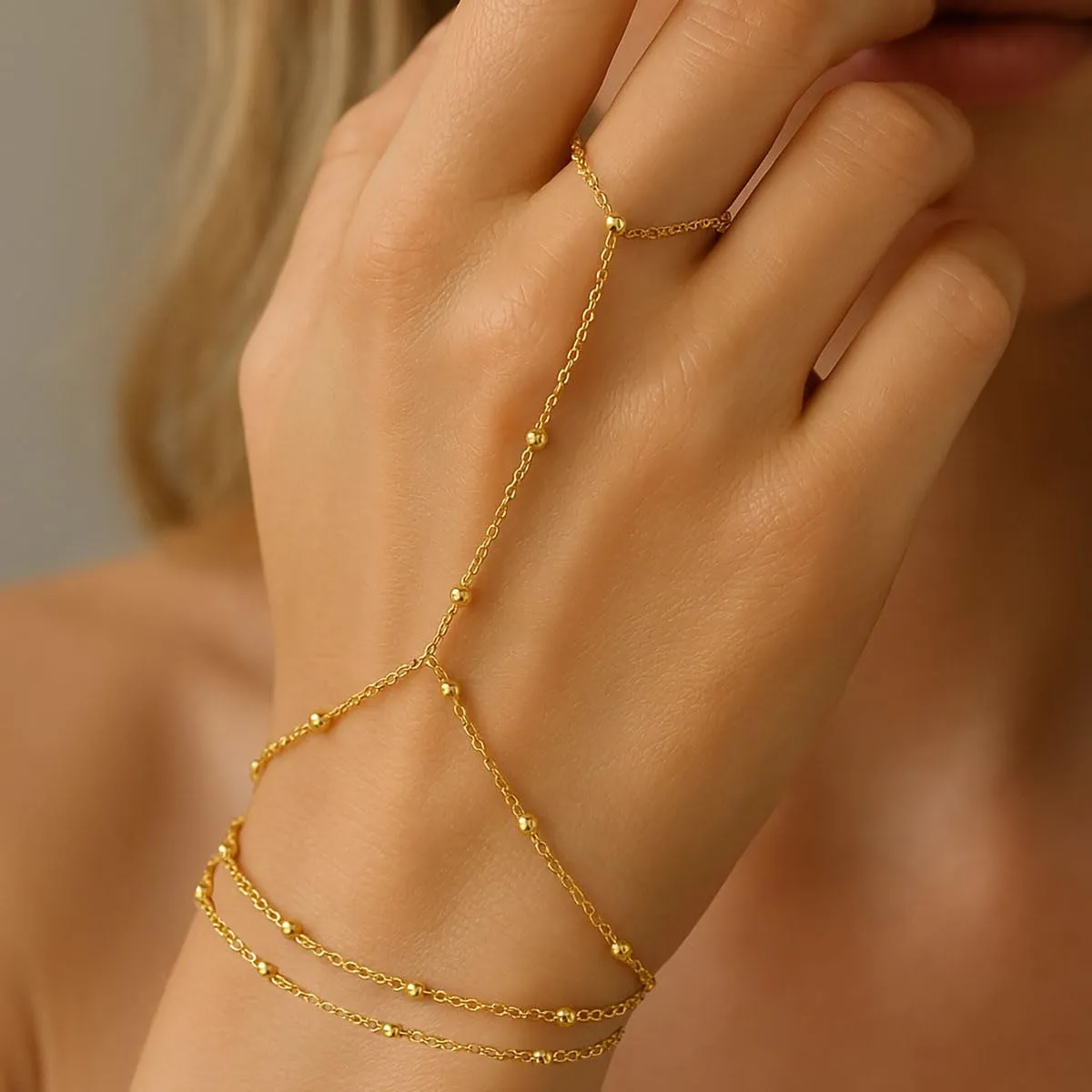 STONEFANS Hand Chain, Dainty Gold Bracelets for Women 14K Gold Plated Cubic Zirconia Finger Bracelet Adjustable Ring Bracelet Hand Chain Trendy Jewelry Accessories for Women Gifts