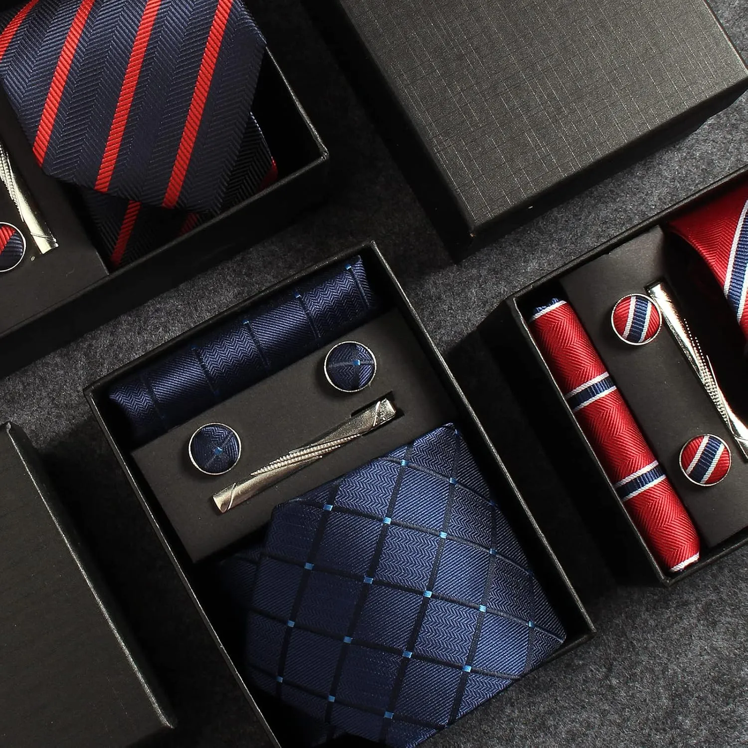 Striped Plaid Polka Dot Mens Tie Formal Necktie Pocket Squares Ties Clips Cufflinks Classic for Men Set