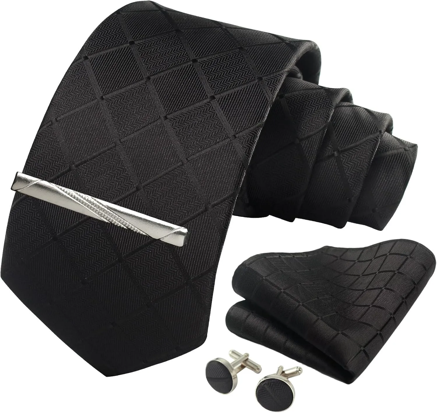 Striped Plaid Polka Dot Mens Tie Formal Necktie Pocket Squares Ties Clips Cufflinks Classic for Men Set