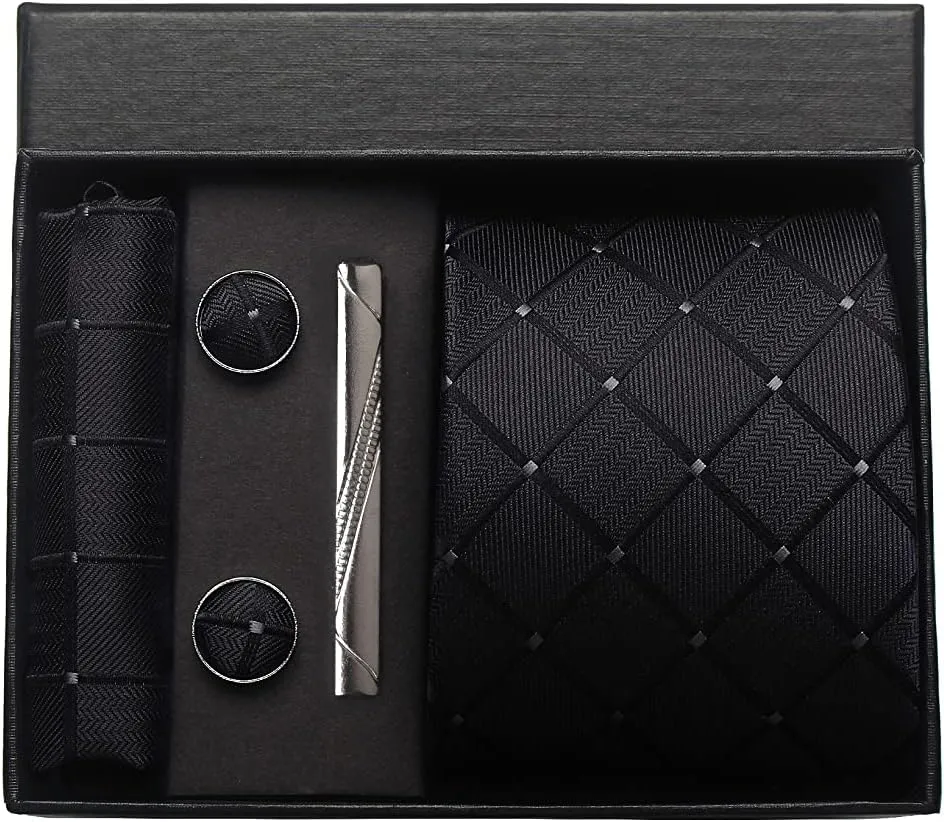 Striped Plaid Polka Dot Mens Tie Formal Necktie Pocket Squares Ties Clips Cufflinks Classic for Men Set
