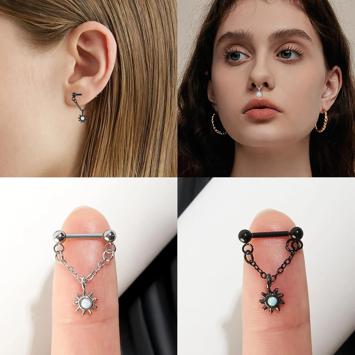 Stuppendux 2PC 16G 1.2MM Black Silver Mixed Chain Septum Clicker Ring Nose Ring Hoop Sleeper Earring Helix Rook Cartilage Daith Tragus Earrings Nose Piercing Jewelry for Women Men Length 8MM