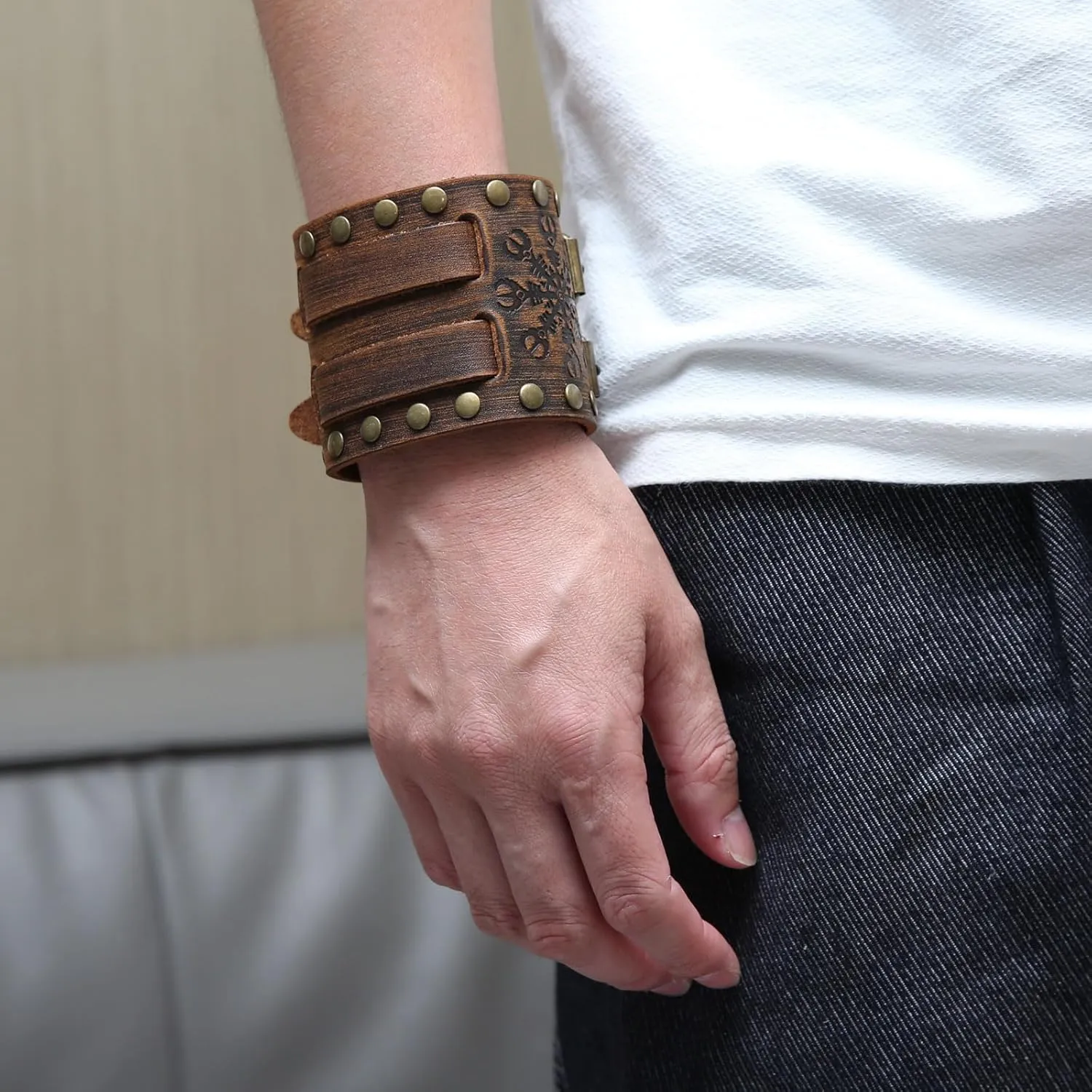 STWTR Men's Wide Cuff Wristband Punk Rock Motorbike Wide Belt Leather Bracelet
