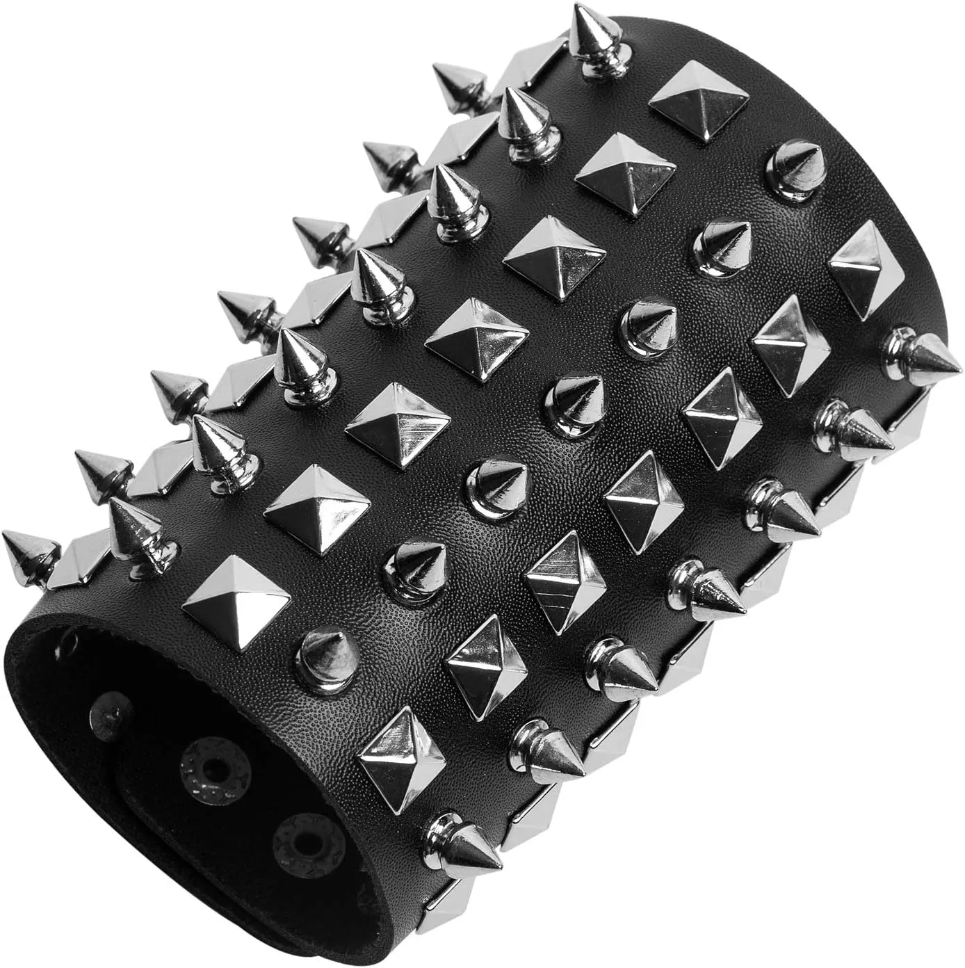 STWTR Unisex Black Metal Spike Studded Punk Rock Biker Wide Strap Leather Bracelet