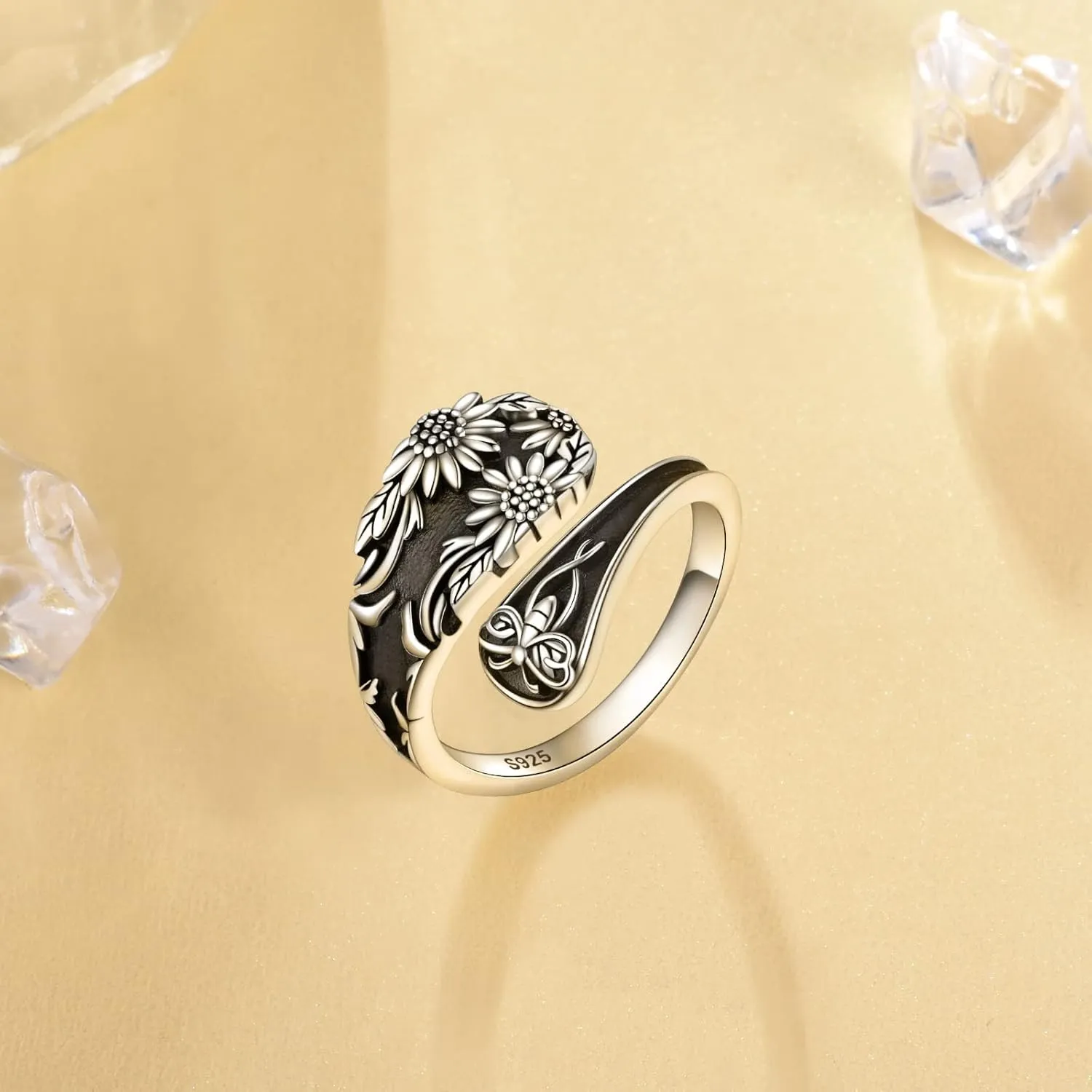 Sunflower Spoon Ring - Sterling Silver Vintage Adjustable Antique Spoon Rings for Women Boho Flower Wide Thumb Ring