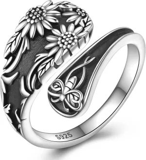Sunflower Spoon Ring - Sterling Silver Vintage Adjustable Antique Spoon Rings for Women Boho Flower Wide Thumb Ring