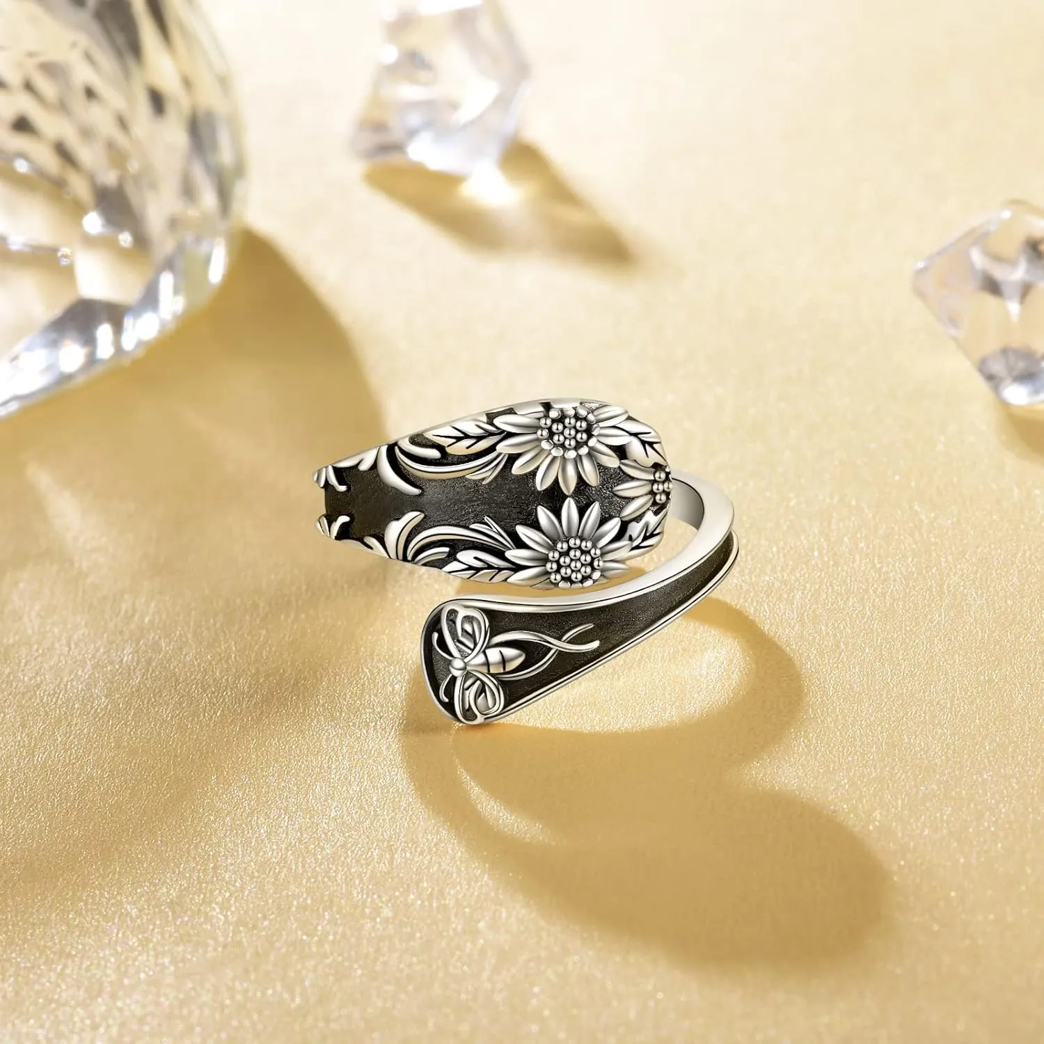 Sunflower Spoon Ring - Sterling Silver Vintage Adjustable Antique Spoon Rings for Women Boho Flower Wide Thumb Ring