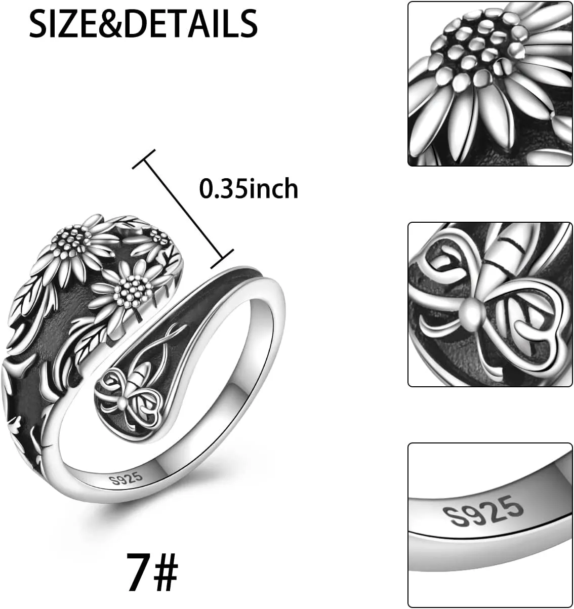 Sunflower Spoon Ring - Sterling Silver Vintage Adjustable Antique Spoon Rings for Women Boho Flower Wide Thumb Ring