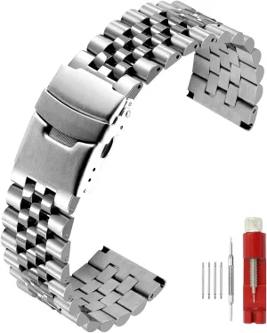 Super Brushed & Polished 3D Solid Silver Stainless Steel Watch Bracelet Band 20mm 22mm 24mm Security Double Deployment Buckle