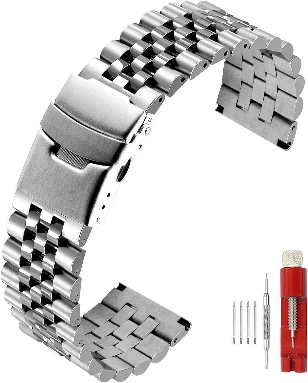 Super Brushed & Polished 3D Solid Silver Stainless Steel Watch Bracelet Band 20mm 22mm 24mm Security Double Deployment Buckle
