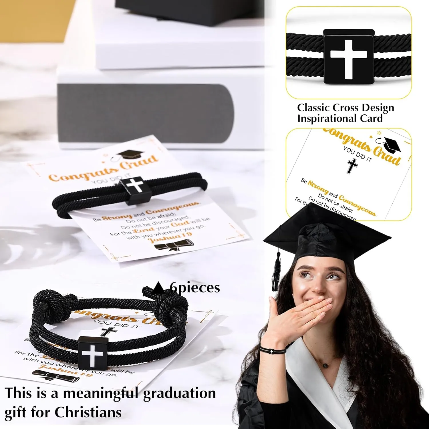 Sureio 6 Pcs 2025 Graduation Bracelet Set 6 Christian Cross Bracelet 6 Graduation Cards for High School College Senior Night Christian Grad Gifts