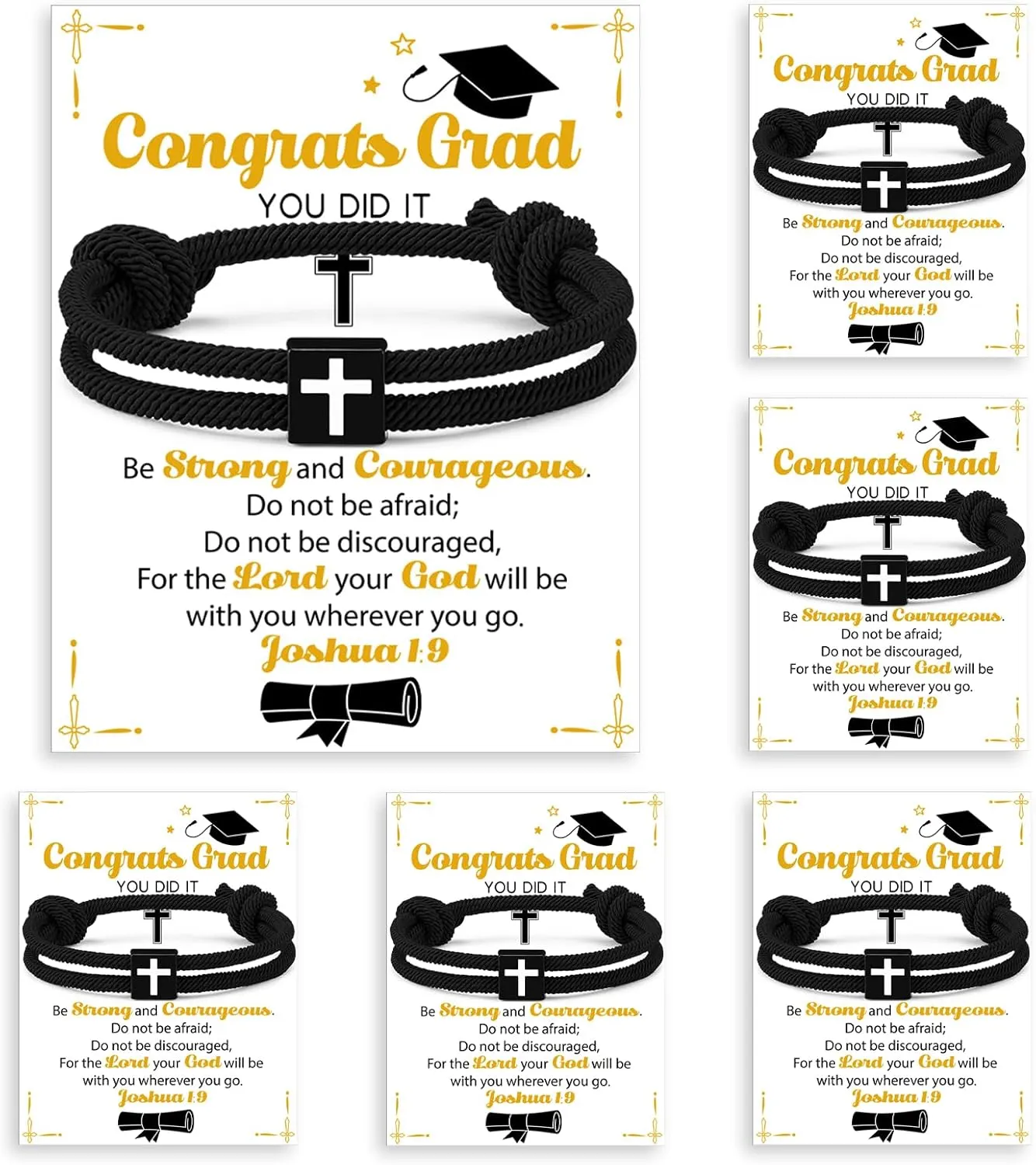 Sureio 6 Pcs 2025 Graduation Bracelet Set 6 Christian Cross Bracelet 6 Graduation Cards for High School College Senior Night Christian Grad Gifts