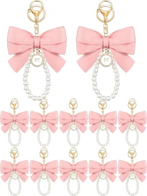 Sureio Pink Bow Keychain Coquette Pearl Bowknot Keyring Bulk Wristlet Keychain Vintage Ribbon Purse Charm for Women Handbags