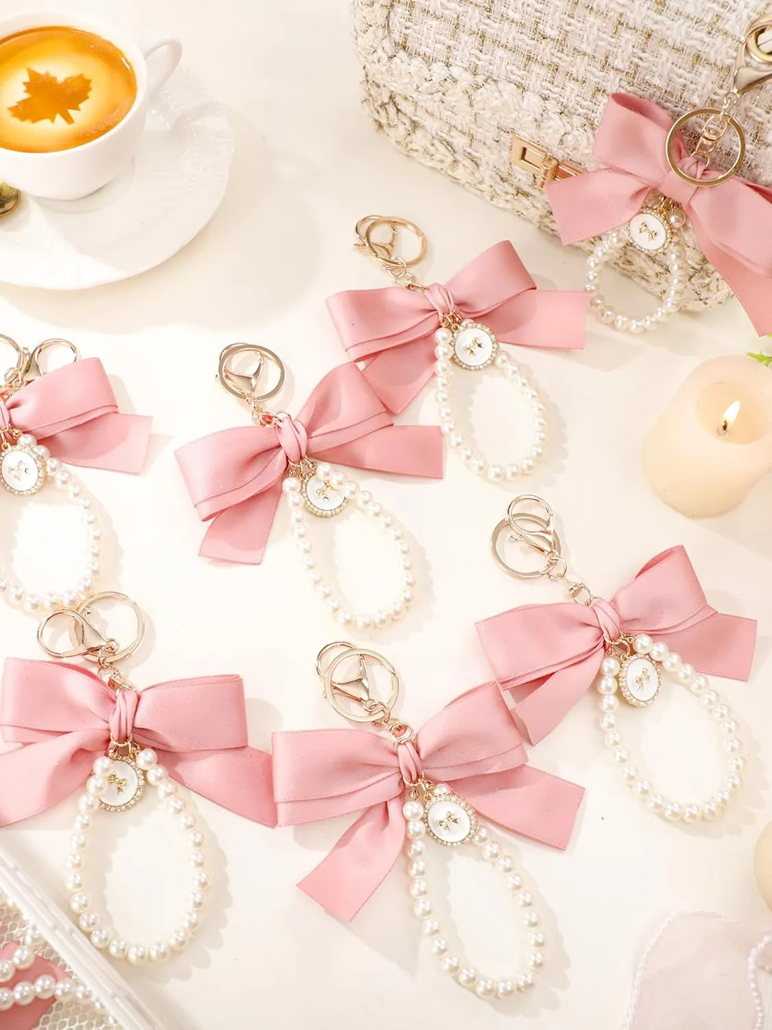 Sureio Pink Bow Keychain Coquette Pearl Bowknot Keyring Bulk Wristlet Keychain Vintage Ribbon Purse Charm for Women Handbags