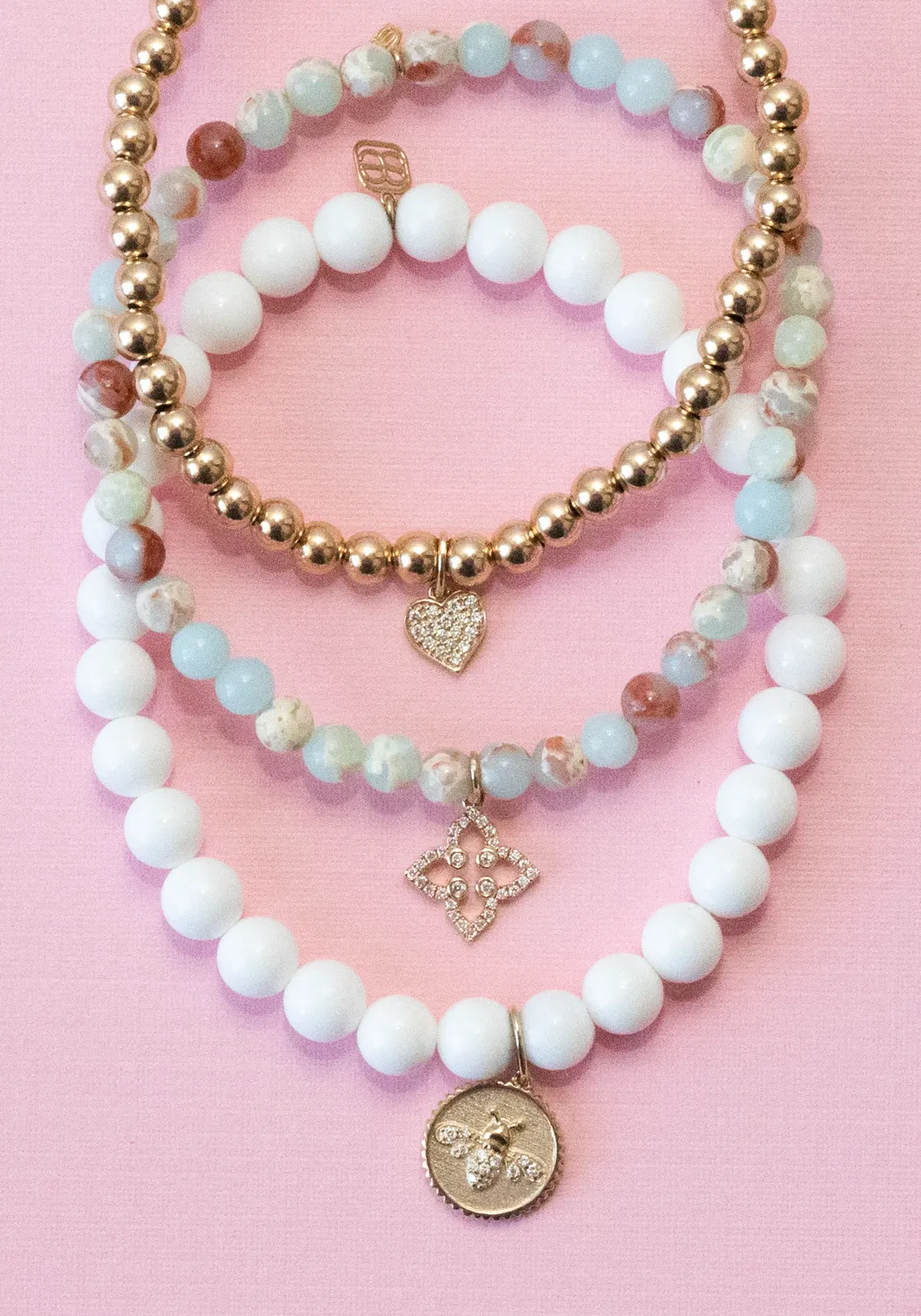 Sydney Evan 14KYG Diamond Heart Charm Gold Bead Bracelet