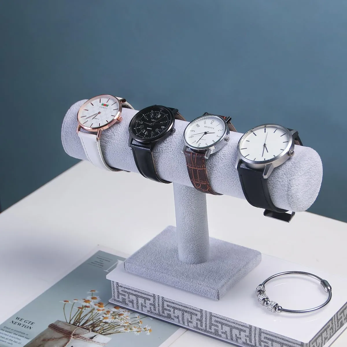 T-Bar Bracelet Holder, Bracelet Display Stand For Selling, Hair Tied Jewelry Organizer Watch Rack For Show (Gray Velvet)