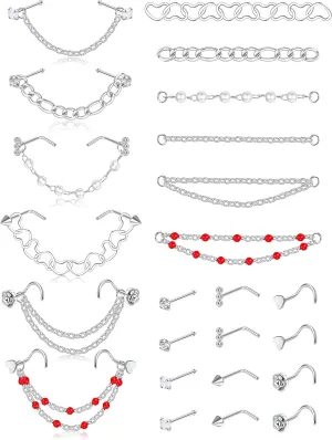 TEN MIRO Nose Piercing - Surgical Steel Nostril Studs and Heart Chain, CZ L Shaped, 20g, 3.8MM