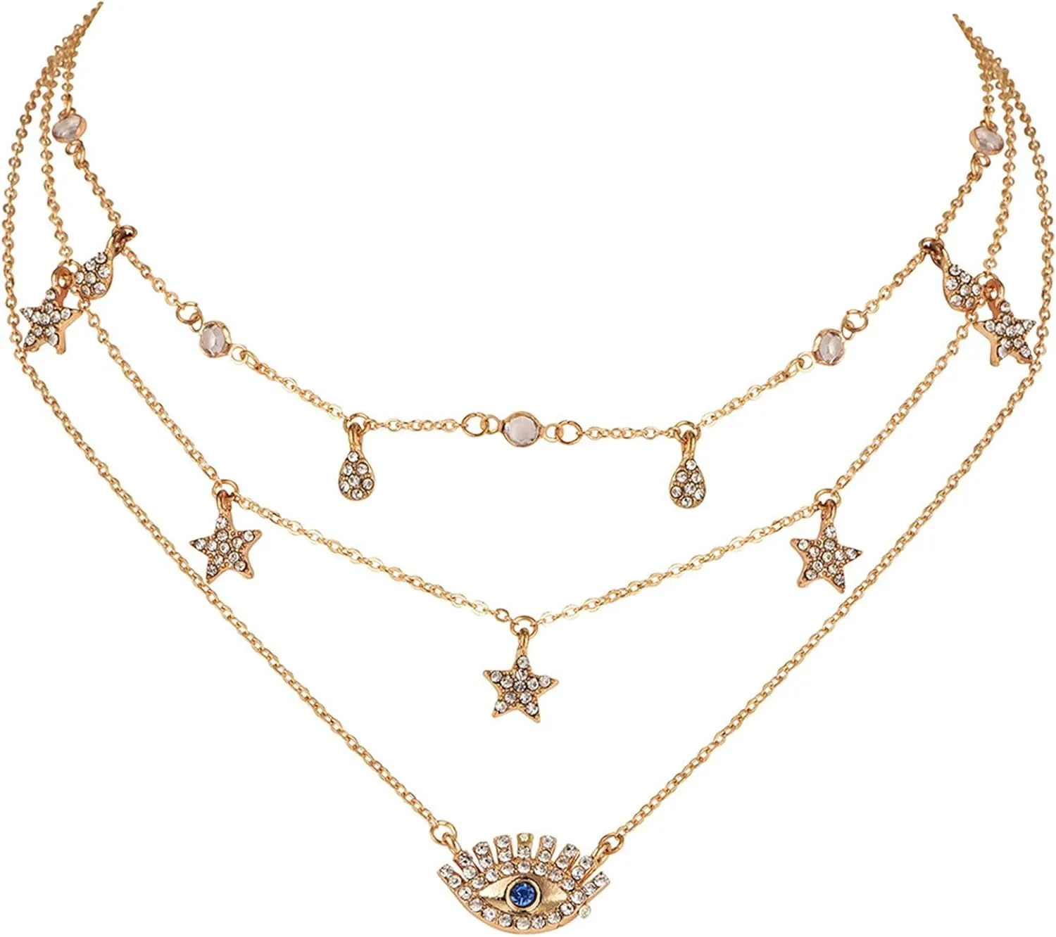 tenghong2021 Bohemia Layered Choker Necklace Crystal Star Moon Pendant Necklace Evil Eye Choker Charm Pendant Necklace Trendy Multi-Layered Y-Necklace Boho Jewelry for Women Girls
