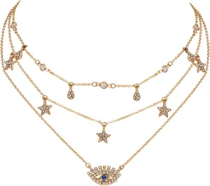 tenghong2021 Bohemia Layered Choker Necklace Crystal Star Moon Pendant Necklace Evil Eye Choker Charm Pendant Necklace Trendy Multi-Layered Y-Necklace Boho Jewelry for Women Girls