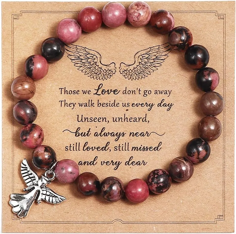 tenghong2021 Natural Stone Guardian Angel Charm Bracelets for Women Inspirational Religious Crystal Beaded Stretch Elastic Bracelet for Women Birthday Gifts Jewelry