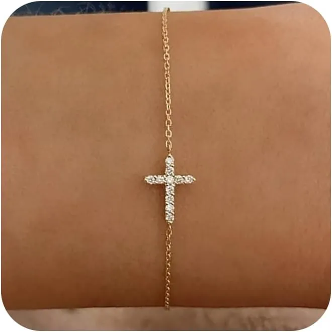 Tewiky Cross Bracelet for Women Dainty 14k Gold Cubic Zirconia Cute Tiny Bracelet Confirmation Gifts for Women