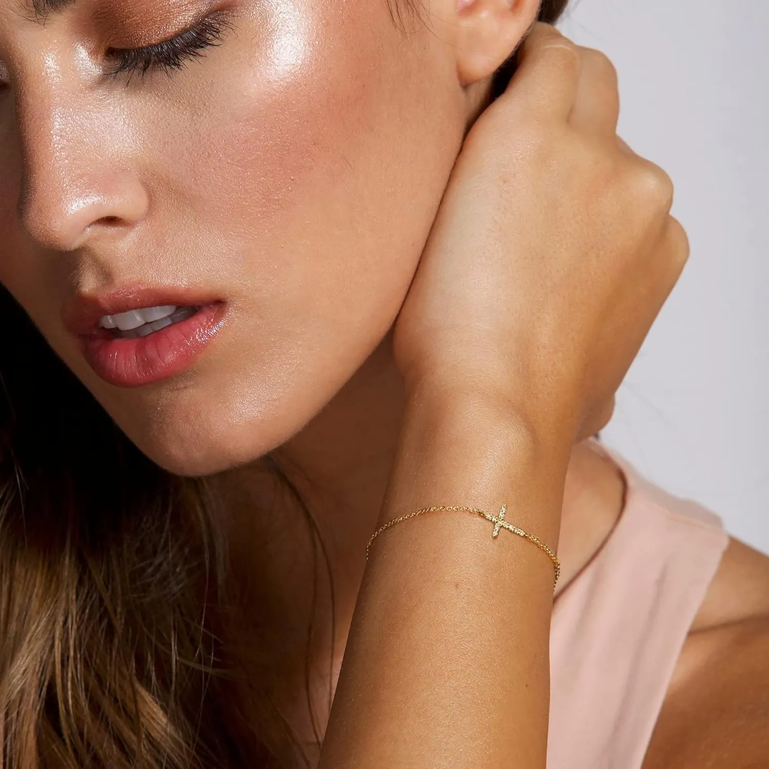 Tewiky Cross Bracelet for Women Dainty 14k Gold Cubic Zirconia Cute Tiny Bracelet Confirmation Gifts for Women