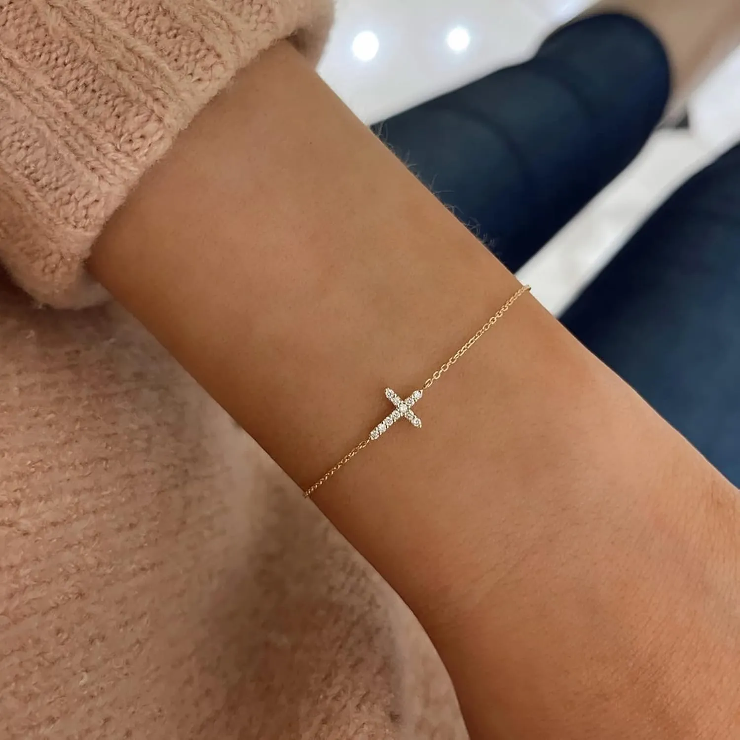 Tewiky Cross Bracelet for Women Dainty 14k Gold Cubic Zirconia Cute Tiny Bracelet Confirmation Gifts for Women