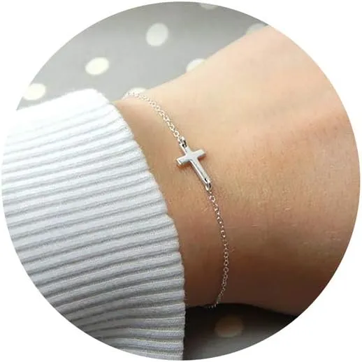 Tewiky Cross Bracelet for Women Dainty 14k Gold Cubic Zirconia Cute Tiny Bracelet Confirmation Gifts for Women