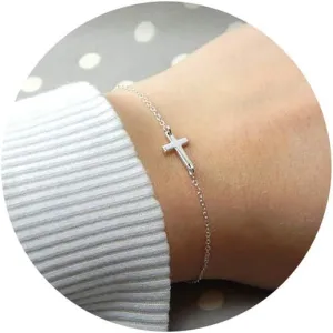 Tewiky Cross Bracelet for Women Dainty 14k Gold Cubic Zirconia Cute Tiny Bracelet Confirmation Gifts for Women