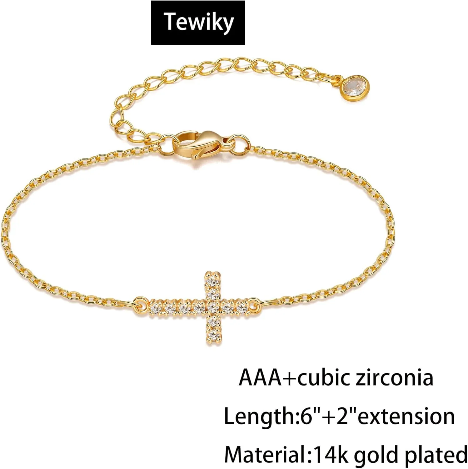 Tewiky Cross Bracelet for Women Dainty 14k Gold Cubic Zirconia Cute Tiny Bracelet Confirmation Gifts for Women