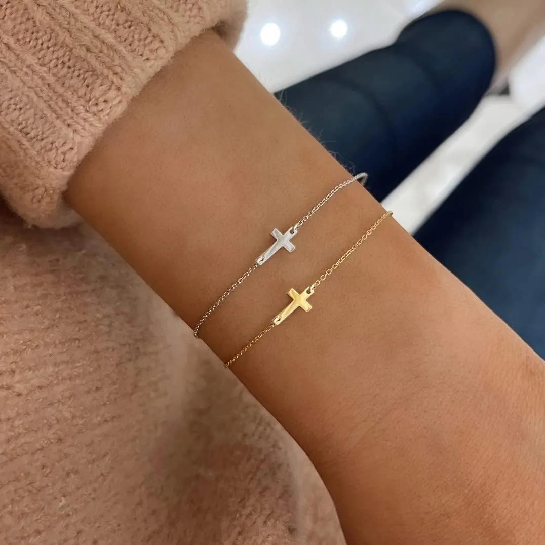 Tewiky Cross Bracelet for Women Dainty 14k Gold Cubic Zirconia Cute Tiny Bracelet Confirmation Gifts for Women
