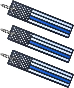 Thin Blue Line USA Flag Keychain Tag with Key Ring - American Police Flag Keychain Tag with Key Ring- 3Pack