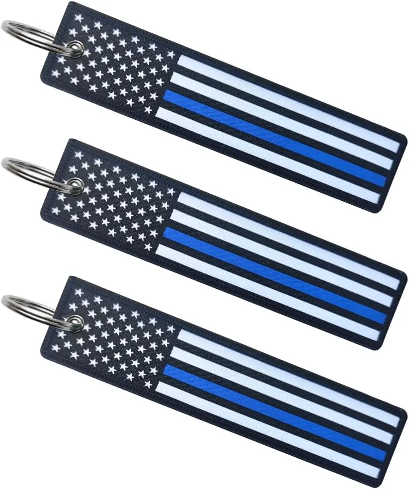 Thin Blue Line USA Flag Keychain Tag with Key Ring - American Police Flag Keychain Tag with Key Ring- 3Pack